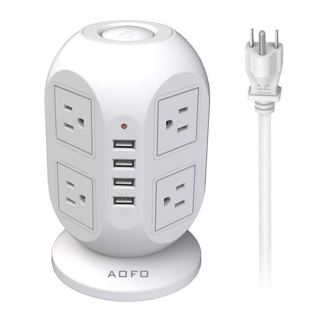 Power Strip Tower AOFO Surge Protector 8 AC Outlets with 4 USB Ports Charging Station Widely Spaced Multi Outlets with 10Ft Long Extension Cord