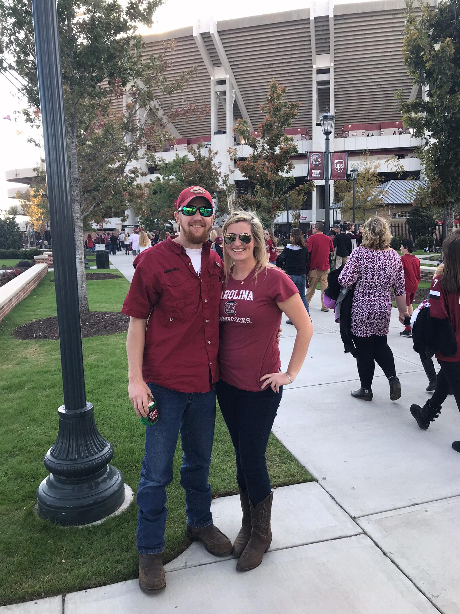 Gamecock game -- Even though Laura is a Boston College Eagle fan, at least they are almost the same colors!
