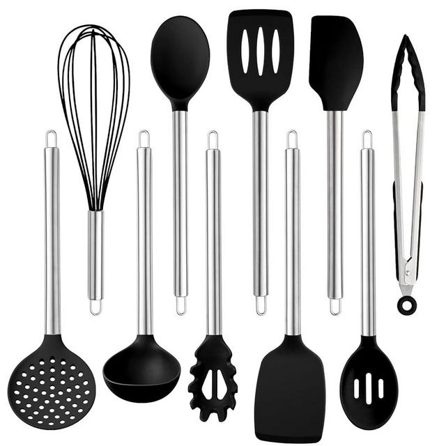 COOK WITH COLOR Silicone Cooking Utensils, 10 Pc Kitchen Utensil Set, Easy to Clean Silicone Kitchen Utensils, Cooking Utensils for Nonstick Cookware, Kitchen Gadgets Set (Black)