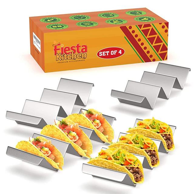 Taco Holder Stand - Set of 4 - Oven & Grill Safe Stainless Steel Taco Racks With Handles - Fill & Serve Tacos With Ease - Taco Trays by Fiesta Kitchen