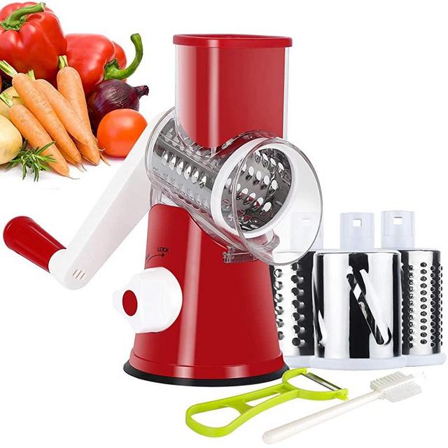 Ourokhome Manual Rotary Cheese Grater - Round Tumbling Box Shredder for Vegetable, Nuts, Potato with Peeler and Brush (Red)