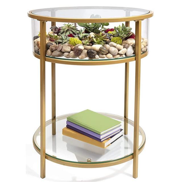 D'Eco Round Terrarium Display End Table with Reinforced Glass in Gold Iron- 20" Diameter, 26.5" Height - Great