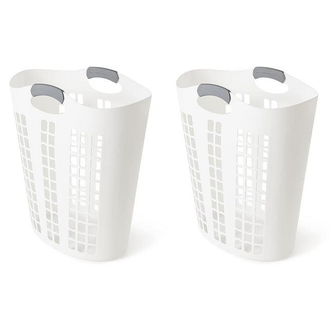 Gracious Living Easy Carry Flex Hamper, Large 87.5 Liter Lightweight Plastic Ventilated Laundry Basket Clothes Bin with Handles, White (2 Pack)