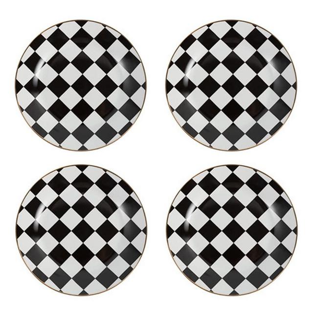 RockTrend Retro Black and White Checkerboard Gold Edge Ceramic Dinner Plate Dessert Plate Salad Plate-Set of 4