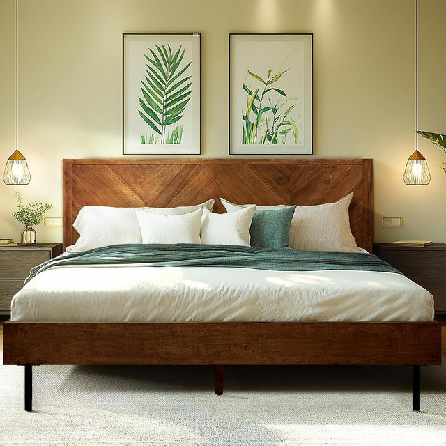 Acacia Alander King Bed Frame and Headboard Solid Wood Platform Bed, Scandinavian Signature Wood Bed Compatible with All Mattress Types, Bed Frame King Bedroom Furniture, Wood Slats Support, Walnut