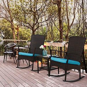 Kinbor 3PCS Outdoor Rattan Rocker Chair Side Tea Table Set Garden Rocking Wicker Lounge w/Removable Blue Cushion