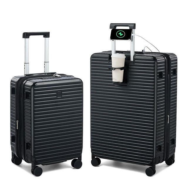 HanTrip Hard Shell Suitcases Expandable Travel Luggage Sets 2 Piece, Carry on and Check in Luggage Lightweight Suitcase Set 2 Piece with Wheels Cup Holder Charger Built in (Black, 20/28)