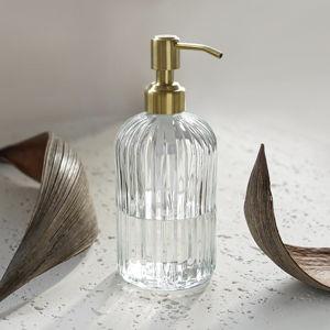 JASAI 18Oz Glass Soap Dispenser with Golden Pump for Kitchen,Refillable Liquid Hand soap Dispenser with Vertical Stripe, Clear Soap Dispenser Bathroom for Hand soap, Dish Soap, Lotion