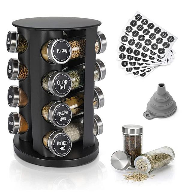 Black Countertop Rotating Spice Rack, 16-Jars Revolving Spice Rack Organizer, Spice Rack Tower , 135 Spice Labels with Funnel Complete Set, Seasoning Organizer for Kitchen Countertop, Cabinet