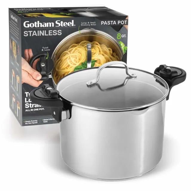 Gotham Steel Stainless Steel Pasta Pot with Built-In Strainer and Locking Handles – Twist, Drain & Serve Multi-Purpose Stock Pot