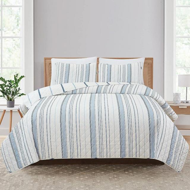 Market & Place 3 Piece Reversible Quilt Set with Shams | All-Season Soft & Lightweight Bedspread with Modern Striped Pattern | Sofia Collection (King, Ivory/Blue)