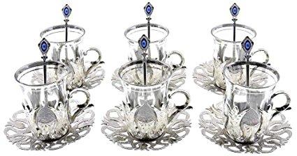 24 Pieces Tea Glasses with Holders Spoons and Saucers Set of 6 - Vintage Tulip Design Ottoman Arabic Gift Set, Silver