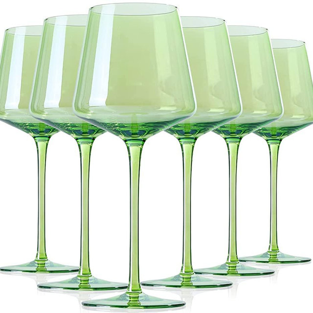 Physkoa Green Wine Glasses Set Of 6 - Modern Colored Wine Glasses With Tall Long Stem and Flat Bottom,Perfect Colored Wine Stemware for Christmas,Thanksgiving,14oz (Green)