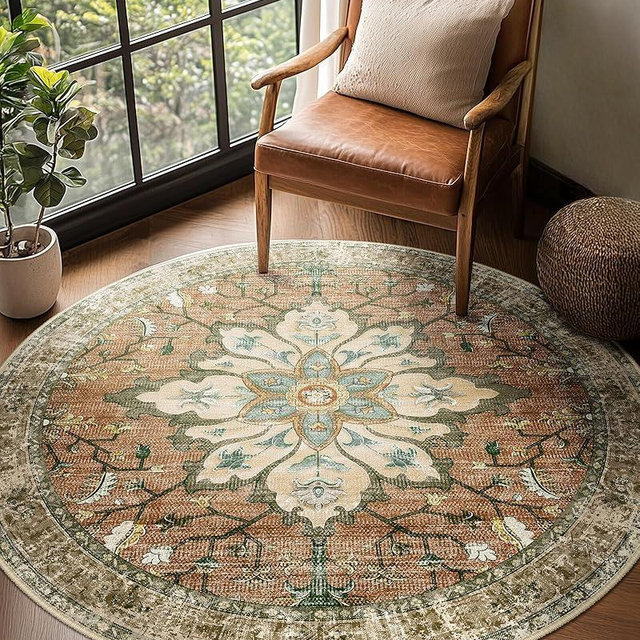 RELEANY Area Rugs 6ft Washable Non-Slip, Floral Vintage Distress Print Pattern Medallion Carpet for Living Room Bedroom Dining Room, Brick Red Rust Neutral Brown Burnt Orange Green