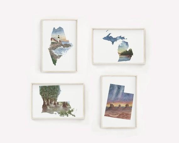 Watercolor Massachusetts, Texas, & Minnesota 11x14 Prints