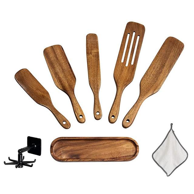 Spurtles Kitchen Tools As Seen On TV - 5 Pcs Wooden Spatula Set - for Cooking, Stirring, Mixing - With Stand and Cleaning Towel