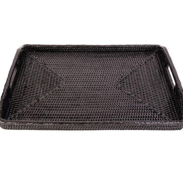 Tava Handwoven Rattan Rectangular Serving Tray, 14"L X 10"W, Espresso