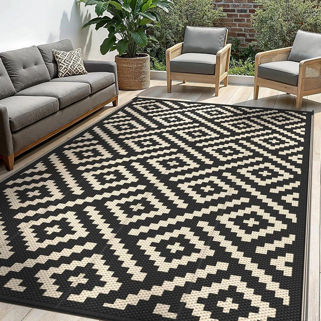 sarben Outdoor Rug for Patio - Waterproof Plastic Straw Camping Rugs 8x10 ft, Reversible Outdoor Indoor RV Mat Carpet for Patio, Porch, Deck, Balcony, Picnic, Beach, Black Beige