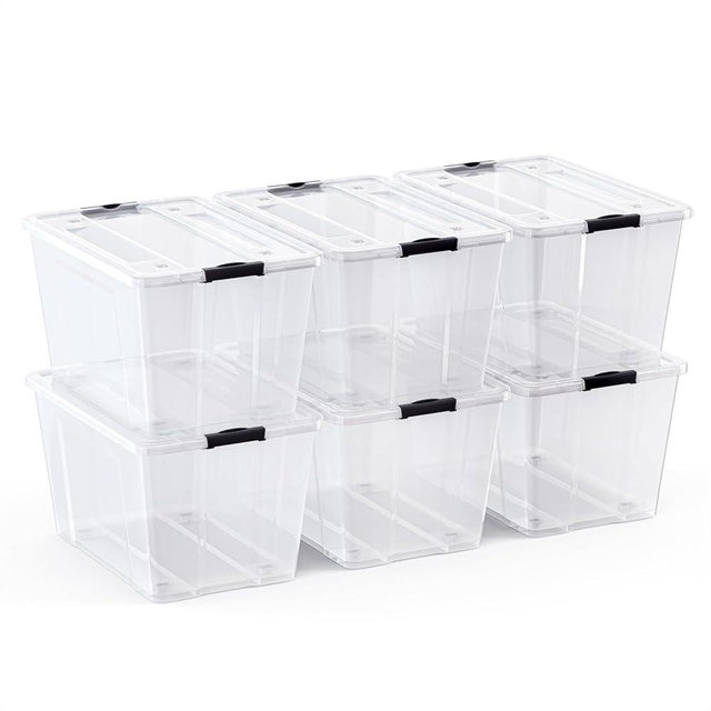 Lifetime Appliance Parts 6 Pack - 54 Qt. Plastic Storage Bin Tote Organizing Container with Ultra Durable Lid and Secure Latching Buckles, Stackable Extra Strength Clear with Black Handle