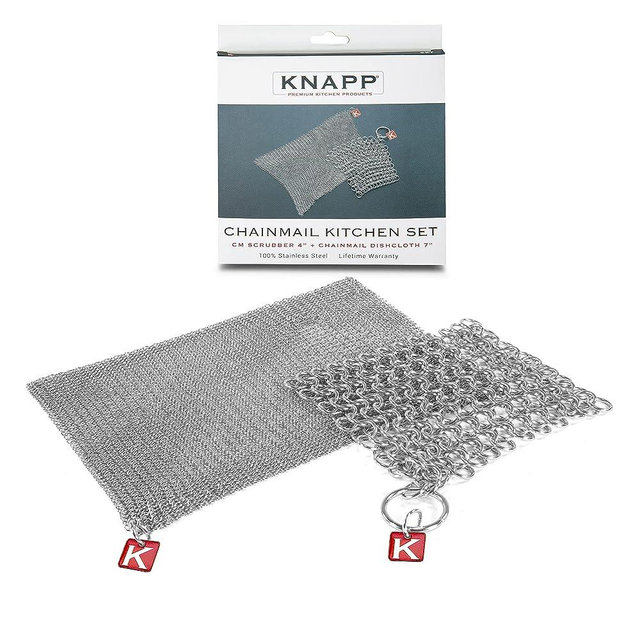 Knapp Made Cast Iron Chainmail Scrubber Kitchen Set - 4" and 7" Cast Iron Scrubber. Premium Stainless Steel Cast Iron Cleaner Chainmail Scrubber Dishcloth for Your Finest Pots, Pans, and Kitchenware.