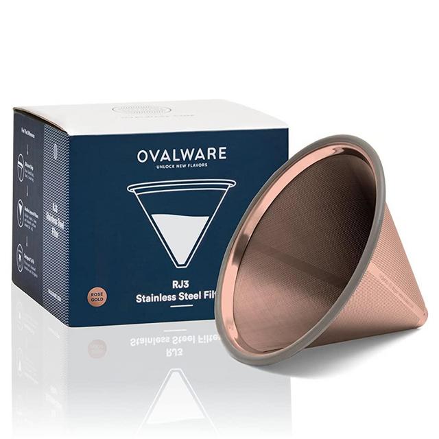 Paperless Stainless Steel Pour Over Coffee Filter – Reusable and Permanent Coffee Cone Dripper for Ovalware, Chemex, Hario and Other Carafes (Titanium Rose Gold)