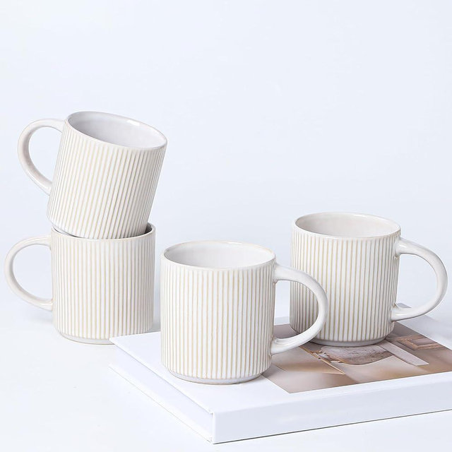 masoline Coffee Mugs Set of 4, 12 OZ Ceramic Coffee Mugs with Handle, Vertical Stripes Coffee Cups Set for Latte/Tea/Cocoa/Milk, Microwave and Diahwasher Safe (Beige)