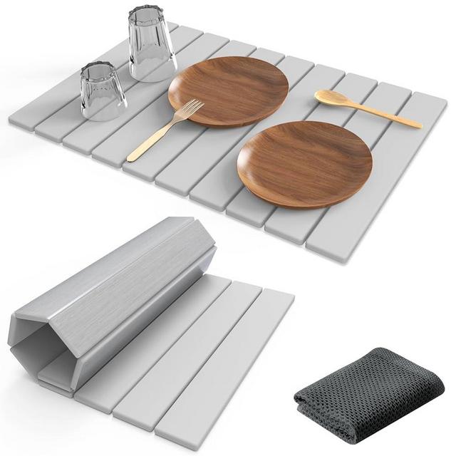 Stone Dish Drying Mat for Kitchen Counter,24"(L)×16"(W) Collapsible Fast-Drying Diatomaceous Earth Mats with Towel Sanding Tool,Versatile Stone Drying Mats for Cups Dishes Bottles