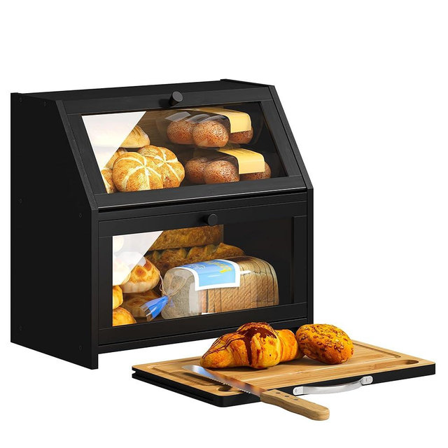 BMOSU Bamboo Wood Bread Box with Cutting Board - Farmhouse Countertop Storage Organizer (Black)