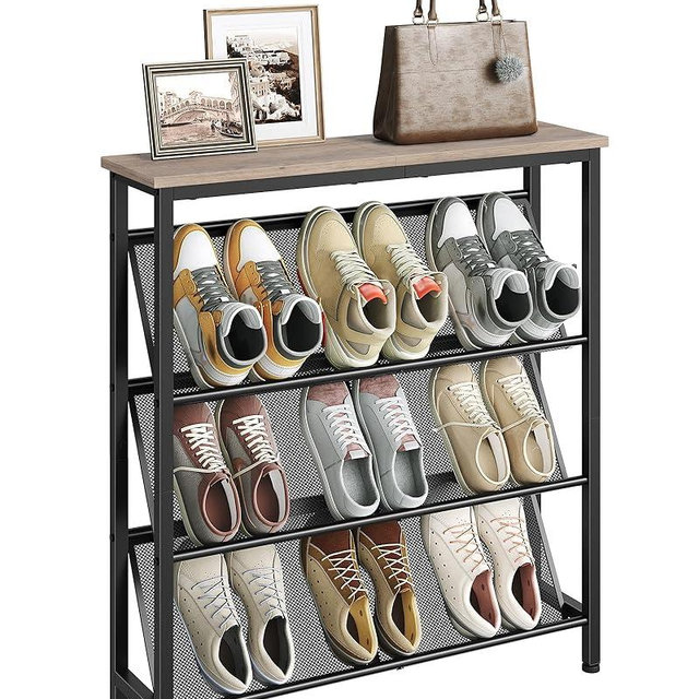 CHOEZON Shoe Rack, 4-Tier Slanted Shoe Storage Shelf, Narrow Shoe Rack for Entryway, Shoe Organizer with Adjustable Feet, Slim Shoe Shelf with Wooden Top and Metal Frame, Greige and Black TXJ75BG