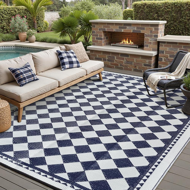 HUGEAR Outdoor Waterproof Rug 6'x9' Plastic Straw Rugs Washable Reversible Floor Mat Blue Plaid Carpet for Camping RV Deck Entryance Porch Picnic Balcony Beach Backyard