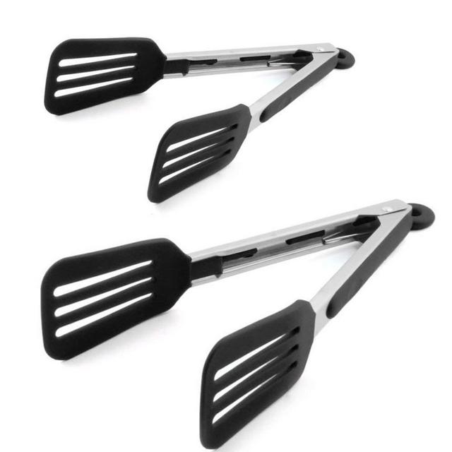 STARUBY Cooking Tongs 7 inches and 9 inches Stainless Steel Kitchen Silicone Serving Tongs Heat Resistant Meat Turner Spatula Tongs Fish Tongs with Locking Handle Joint (Black)