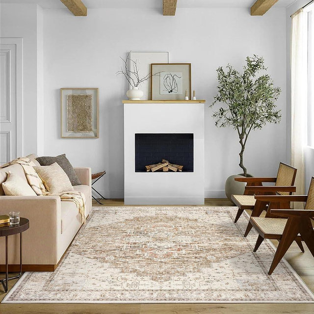 BILEEHOME Boho Farmhouse Bedroom Rug 6x9 Washable Easy Clean Stain Resistant Vintage Country Rustic Neutral Earth Tone Area Rug for Dining Room Under Table,Light Tan Brown and Beige