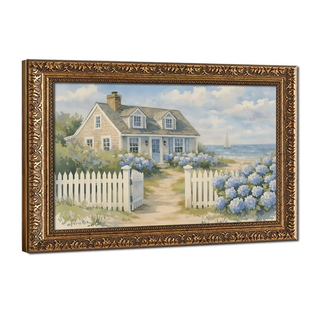 Coastal Cottage Beach House Wall Art Blue Hydrangea Garden Watercolor Painting Nantucket Seaside Landscape Poster Nautical Summer Home Decor for Living Room Bedroom Aesthetic Office