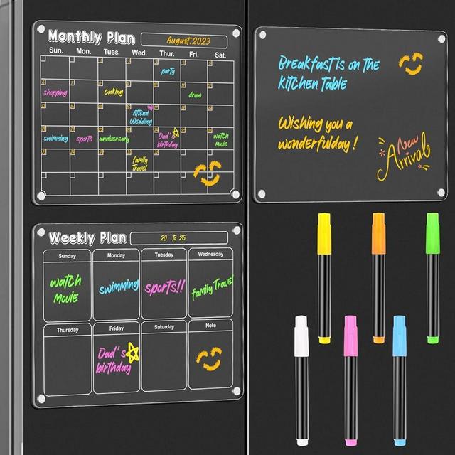 DIYMAG 3Pcs Acrylic Magnetic Dry Erase Calendar for Fridge, Clear Acrylic Calendar Planning Board Set Magnetic Weekly Monthly Planner Menu for Refrigerator with 6 Highlight