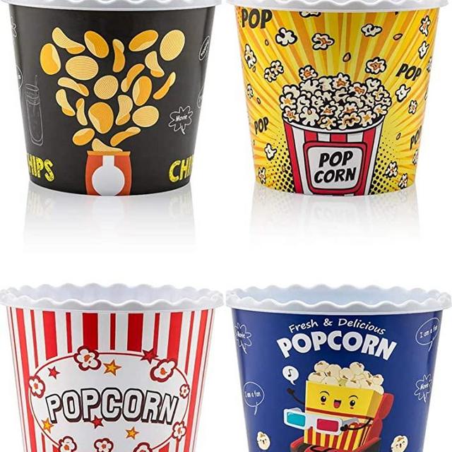 Modern Style Reusable Plastic Popcorn Containers / Popcorn Bowls Set for Movie Theater Night - Washable in the Dishwasher - (BPA Free-4 Pack- Each One 75 oz) (Color: Yellow, Brown, Red/White and Blue Popcorn Boxes)