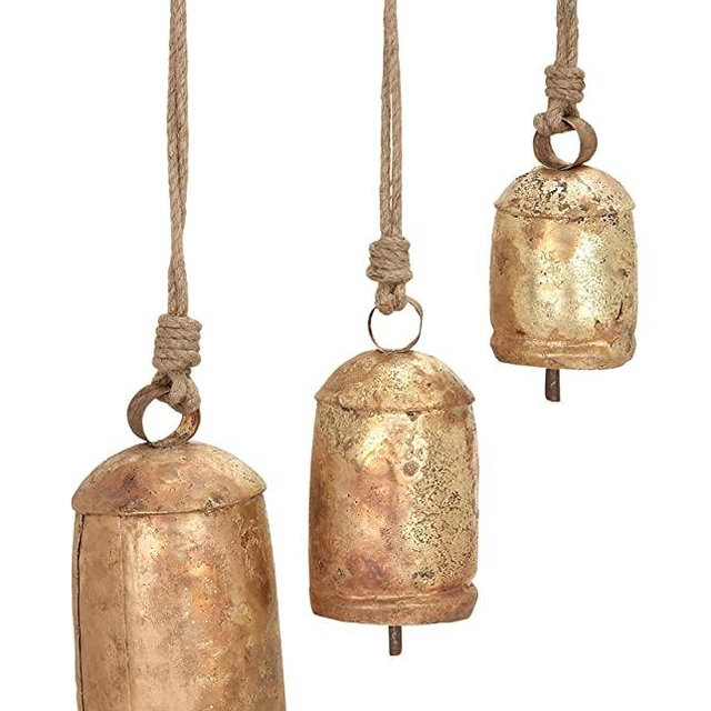 Deco 79 Rustic Metal Cylinder Decorative Cow Bell, Set of 3 5", 4", 3"H, Gold