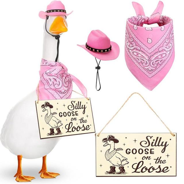 Silicherry Funny Porch Goose Decoration Set Silly Goose on The Loose Hangings Sign Cowboy with Outfit Cowboy Hat and Bandana for 23" Cement/Plastic Outdoor Statue Patio Yard Lawn Art(Pink)