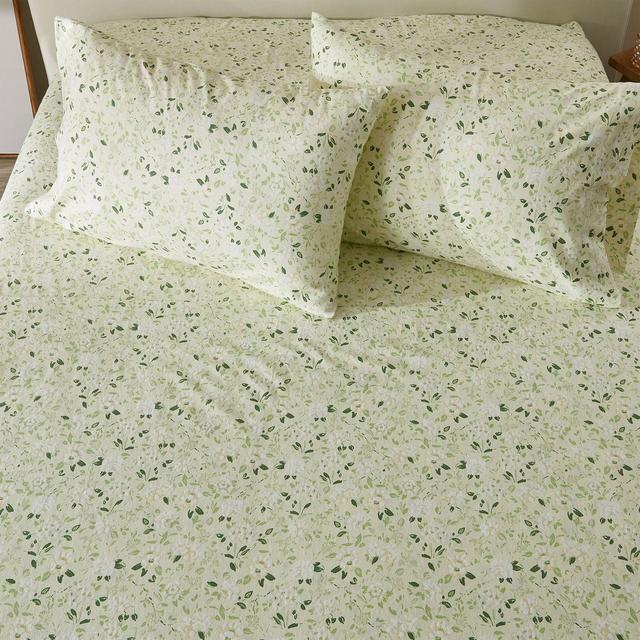 King 100% Turkish Cotton Vintage Printed Flannel Sheet Set Floral Green - Patina Vie