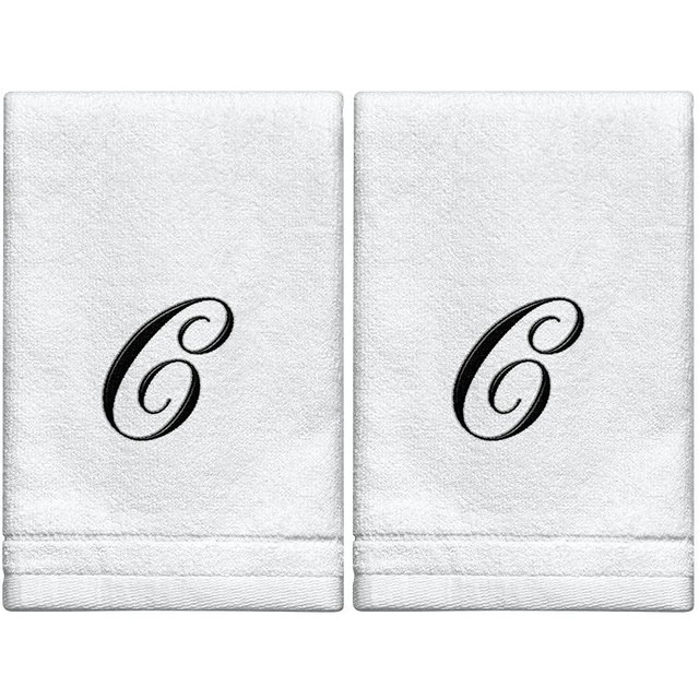 Monogrammed Towels Fingertip, Personalized Gift, 11 x 18 Inches - Set of 2- Black Embroidered Towel - Extra Absorbent 100% Cotton- Soft Velour Finish - For Bathroom/ Kitchen/ Spa- Initial C (White)