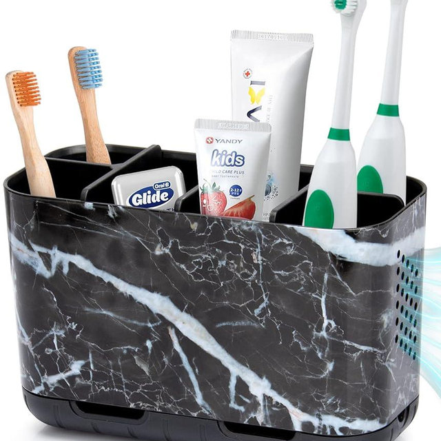 Boperzi Black Toothbrush Holder for Bathroom Toothpaste Organizer Countertop, Detachable Anti-Slip Marble Toothpaste Storage Caddy 6 Slots with Drainage Holes for Makeup Brush Razor Stand