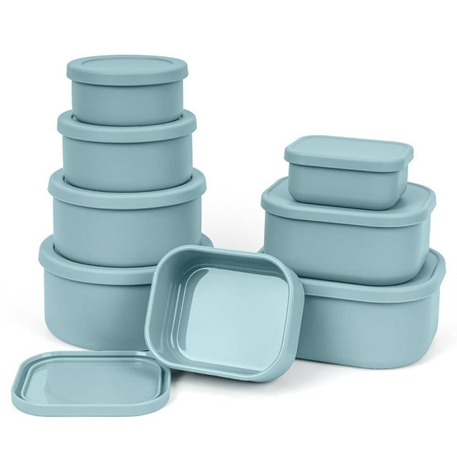 100% Silicone Food Storage Containers with Lids, 8 Pack, 10oz to 51oz, Reusable Leakproof Nesting & Stackable Silicone Bento Lunch Box, Microwave Freezer Dishwasher Oven Safe, BPA Free, Slate Green