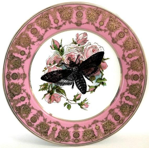 Pink and Gold Ornate Death Moth Plate / Bug / Insect Plate. Foodsafe, Durable