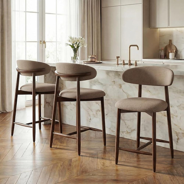 Homixis Bar Stools Set of 3, 25.6″ Counter Height Bar Stools with Wood Legs, Upholstered Modern Kitchen Barstools for Kitchen Island Dining Room Bar, Camel