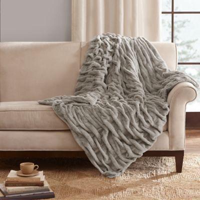 Madison Park Ruched Faux-Fur Throw in Grey