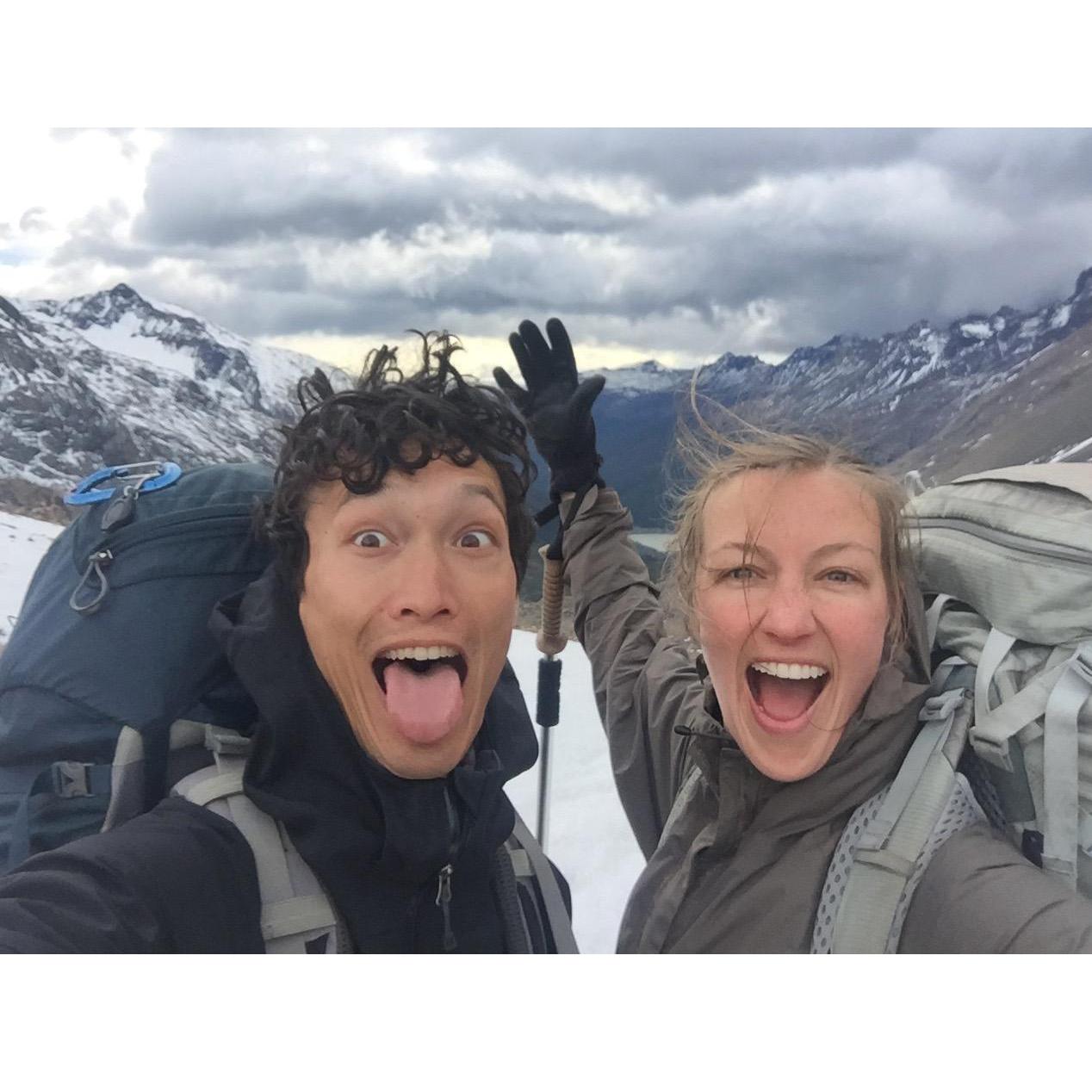 Celebrating making it through a mountain pass in Torres del Paine National Park in Chile