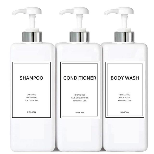 Modern Silver Shampoo and Conditioner Dispenser (21 oz, Pack of 3) Refillable Pump Bottle Set Empty Shower Plastic Bottles with Pump for Bathroom Body Wash Soap and Shower