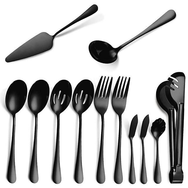 12 Pieces Black Serving Utensils, Stainless Steel Serving Utensils with Serving Spoons Kitchen Mixing for Cake Server,Soup Ladle,Butter,Stirring,Tongs Ect Decorate Wedding