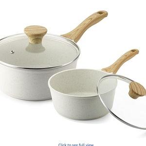 SENSARTE White Ceramic Nonstick Saucepan with Lid Set, Small Cooking Pot with Stay Cool Handle, Induction Compatible Saucepot, White Granite Coating, PFOA/PFAS Free, 1.5 + 2.5QT