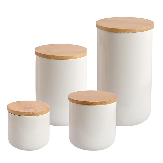 ALSKHEAS Ceramic Food Storage Containers with Lids, Kitchen Canisters for Countertop, White Food Canister Jar for Flour, Coffee, Bean, Sugar, Tea, Spices and More, Home Decor (Set of 4)