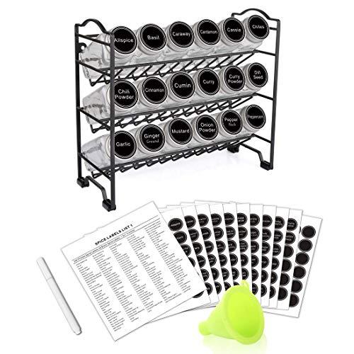 SWOMMOLY Spice Rack with 18 Empty Square Spice Jars, 396 Spice Labels with Chalk Marker and Funnel Complete Set, for Countertop, Cabinet or Wall Mount